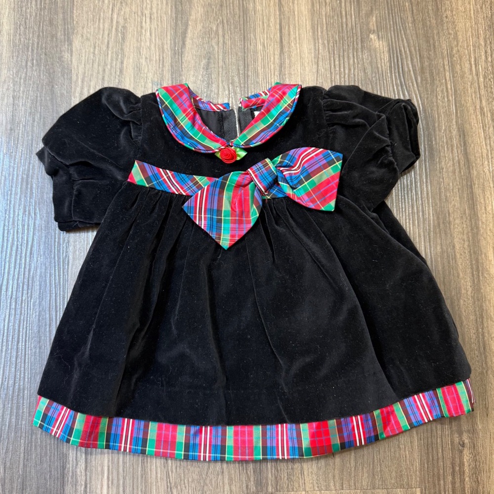 Good‎ Lad Velvet Plaid Dress Baby Girl 3-6M Black Holiday Christmas Vintage